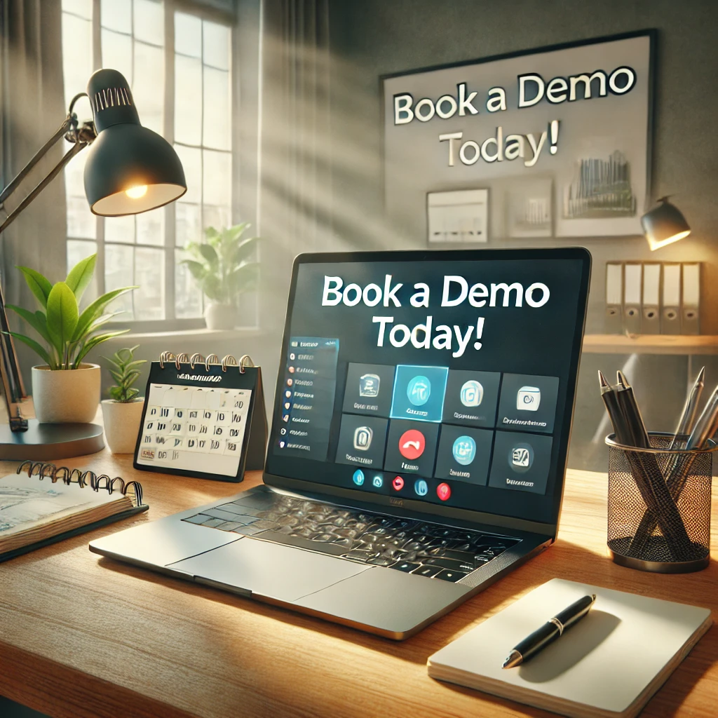 DALL·E 2025-01-10 15.46.02 - A professional and visually appealing image for a 'Book a Demo' call-to-action. The scene features a modern office setup with a sleek laptop open to a