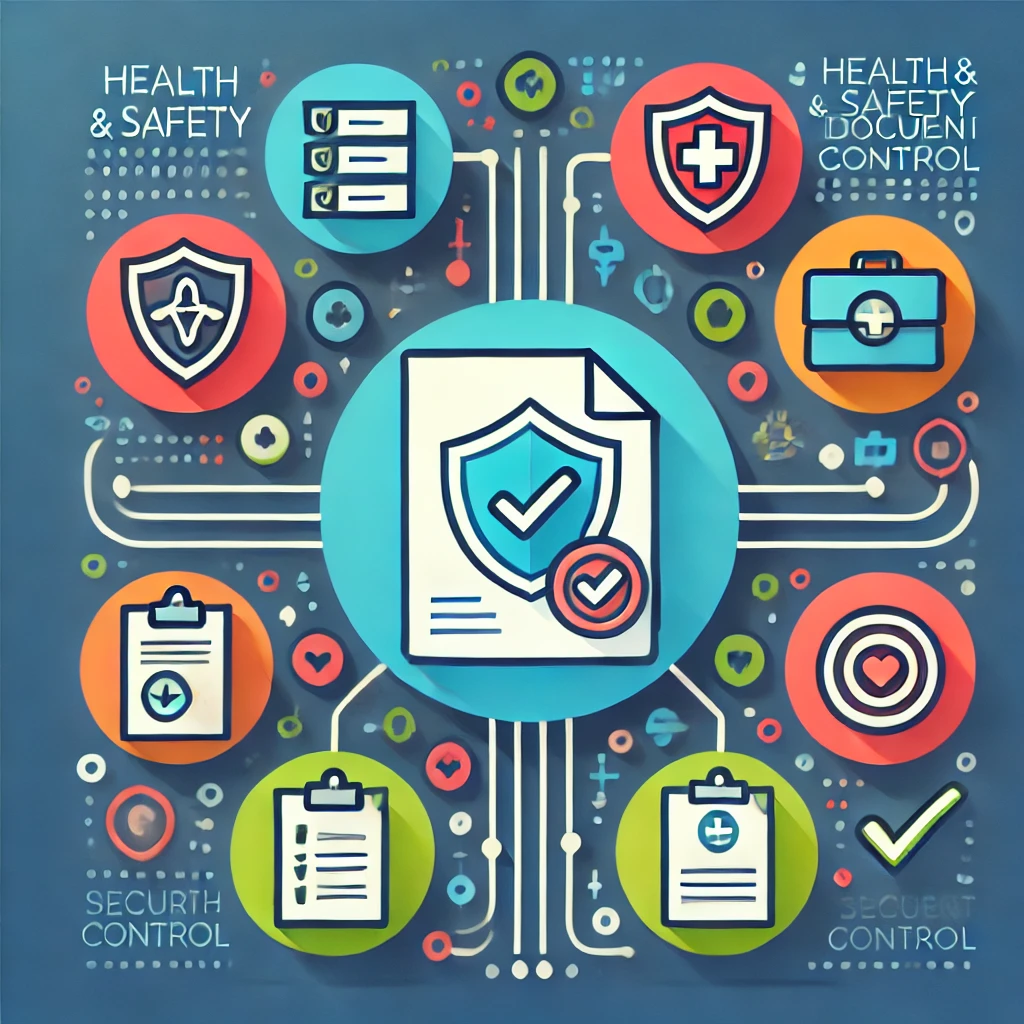 "Flat design illustration depicting Health and Safety Document Control with a secure document icon at the center, surrounded by symbols like shields, checkmarks, and folders. The image highlights secure management, compliance, and operational excellence in a professional and vibrant style."