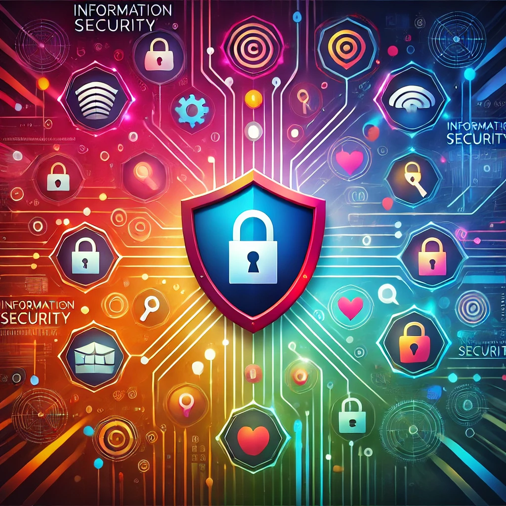 ibrant illustration representing information security, featuring interconnected digital elements symbolizing data protection, secure access, and cybersecurity measures, showcasing a dynamic and modern approach to safeguarding sensitive information