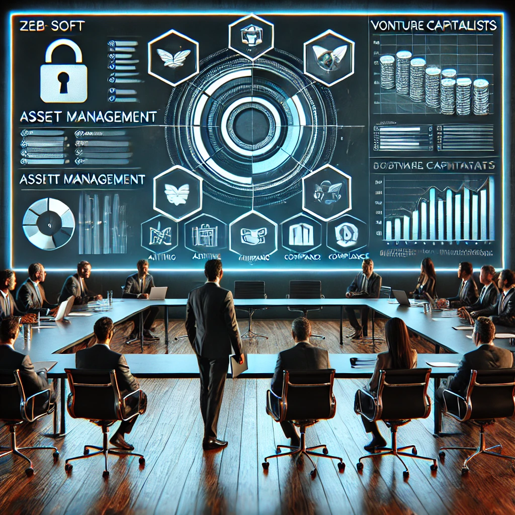 A professional business presentation scene with a group of professionals in a meeting room, showcasing ZEBSOFT’s logo and key software features like asset management, auditing, compliance, and data analysis. The projector screen displays the software's capabilities, emphasizing its efficiency, scalability, and impact across industries, with a modern, high-tech atmosphere conveying innovation and investment potential.