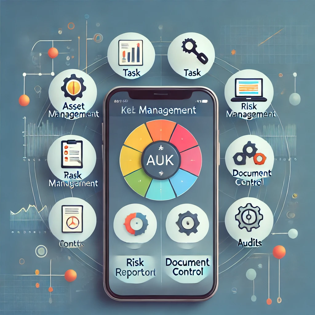 A flat design illustration of a mobile device interface displaying a dashboard with icons for asset management, task management, risk reporting, document control, and audits. The background features abstract shapes symbolizing connectivity and accessibility, representing mobile management of all activities through modern technology.